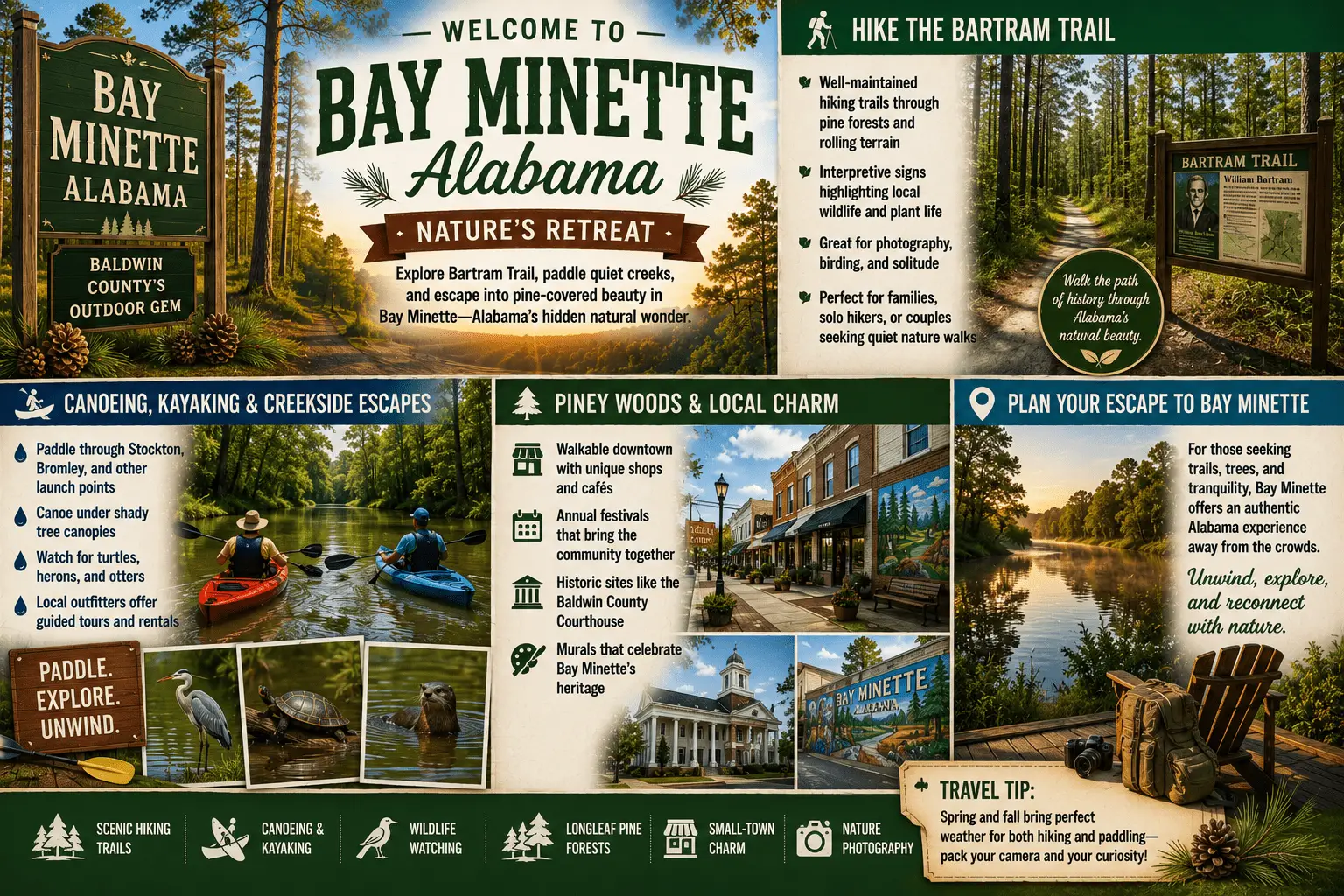 Explore Bay Minette Alabama for Bartram Trail hikes, quiet creek paddling, pine forests, downtown charm, and outdoor escapes.