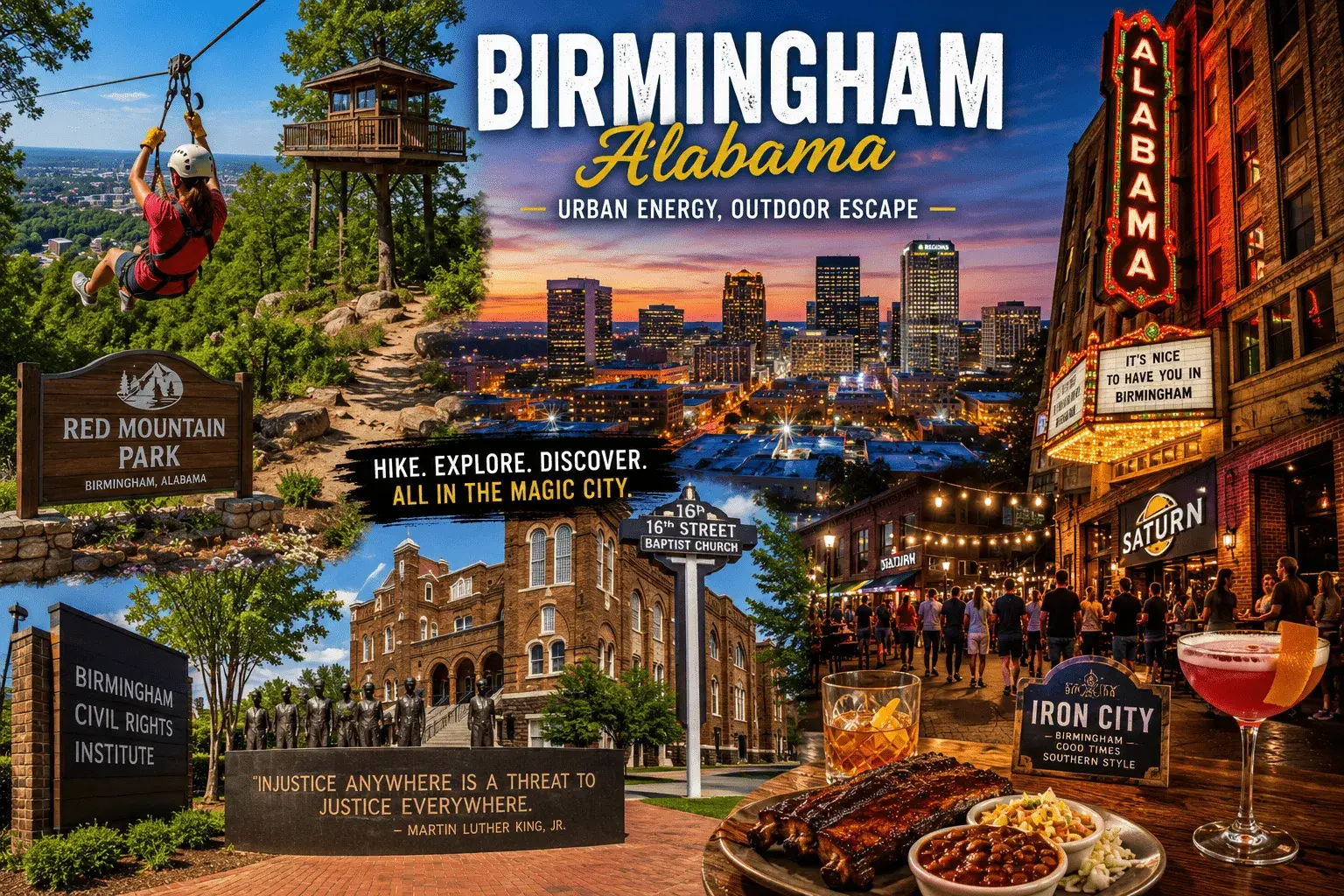 Explore Birmingham Alabama for Red Mountain Park, Civil Rights landmarks, nightlife, live music, and great Southern food.