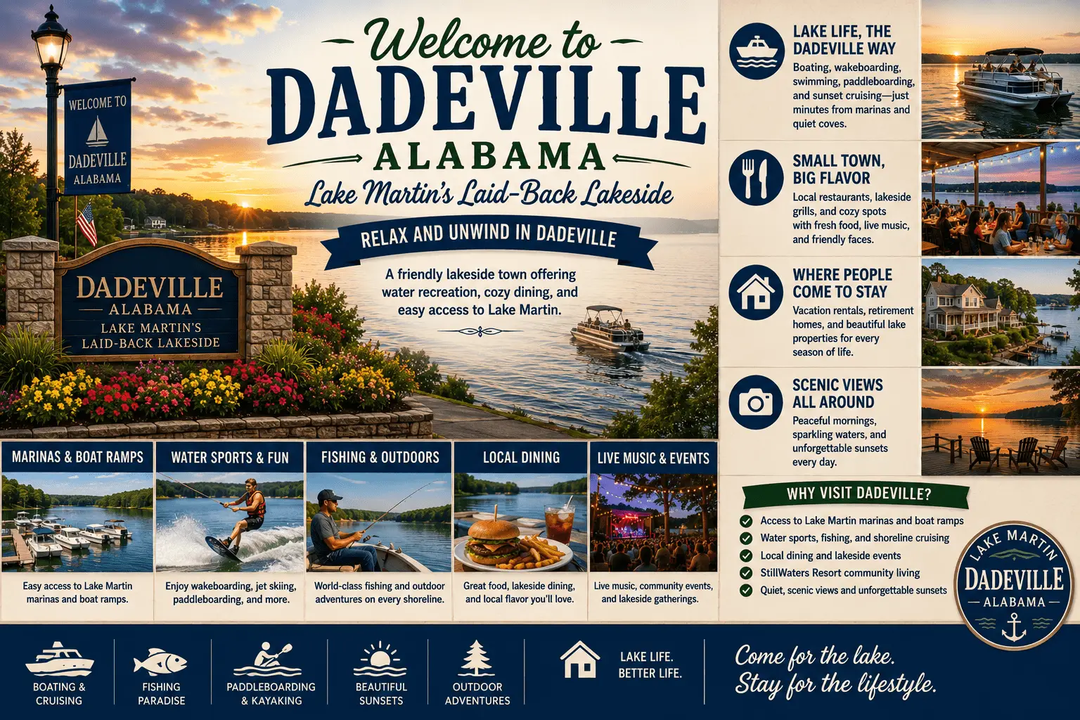 Explore Dadeville Alabama for Lake Martin marinas, boating, local dining, StillWaters, fishing, water sports, and scenic lakeside relaxation.