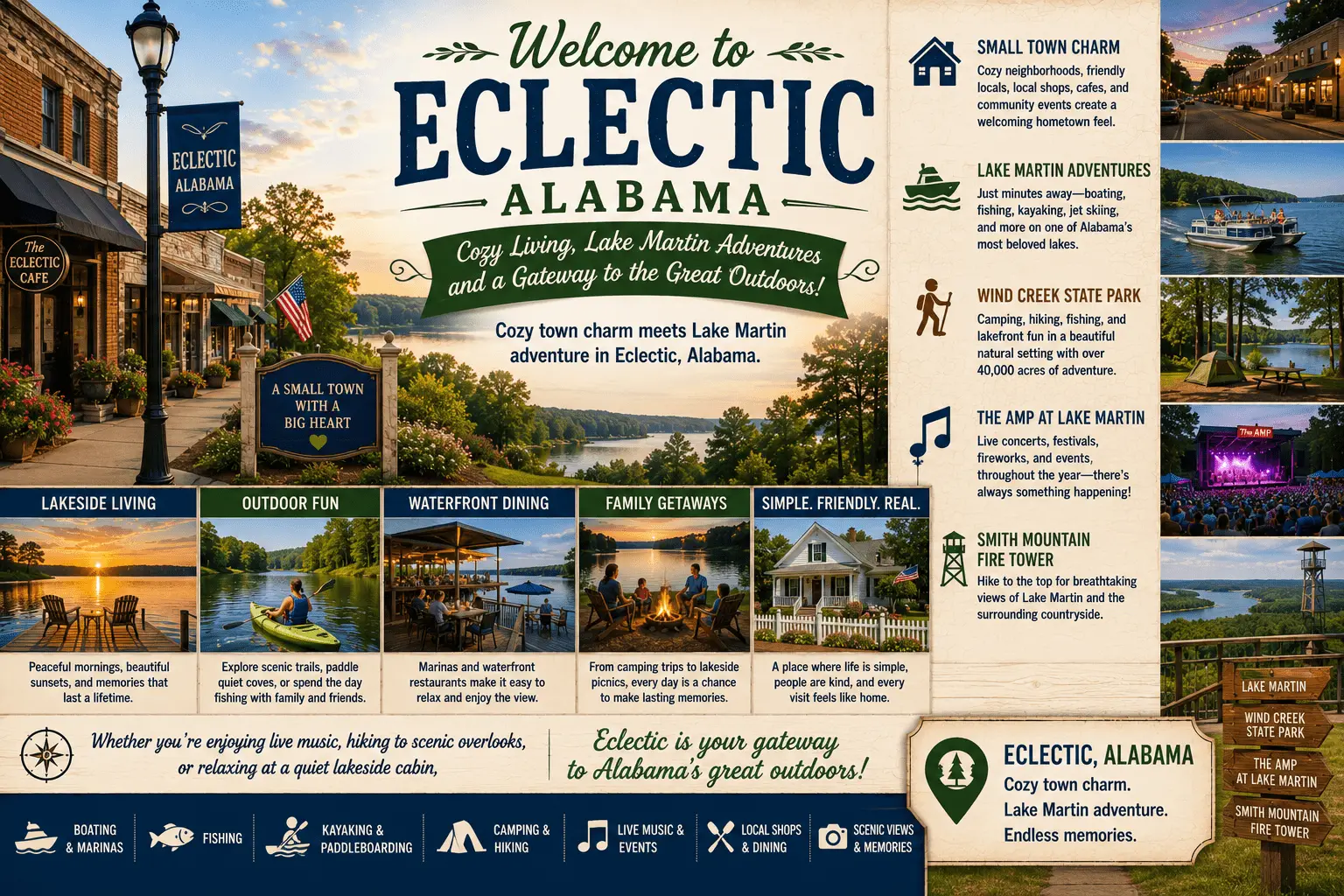 Explore Eclectic Alabama for Lake Martin adventures, small-town charm, boating, fishing, Wind Creek State Park, concerts, and outdoor fun.