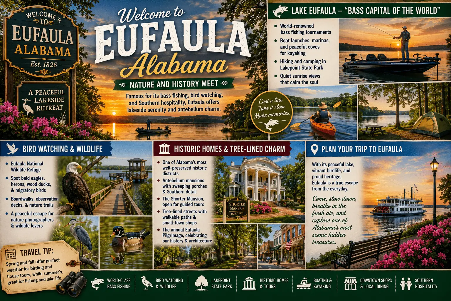 Explore Eufaula Alabama for Lake Eufaula fishing, bird watching, historic homes, Lakepoint State Park, and Southern charm.
