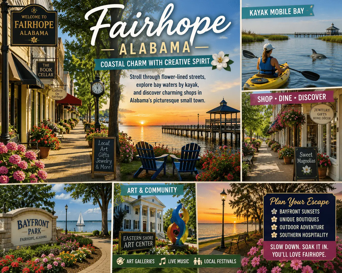 Explore Fairhope Alabama for bayfront views, kayaking, art galleries, flower-lined streets, local shops, and coastal small-town charm.