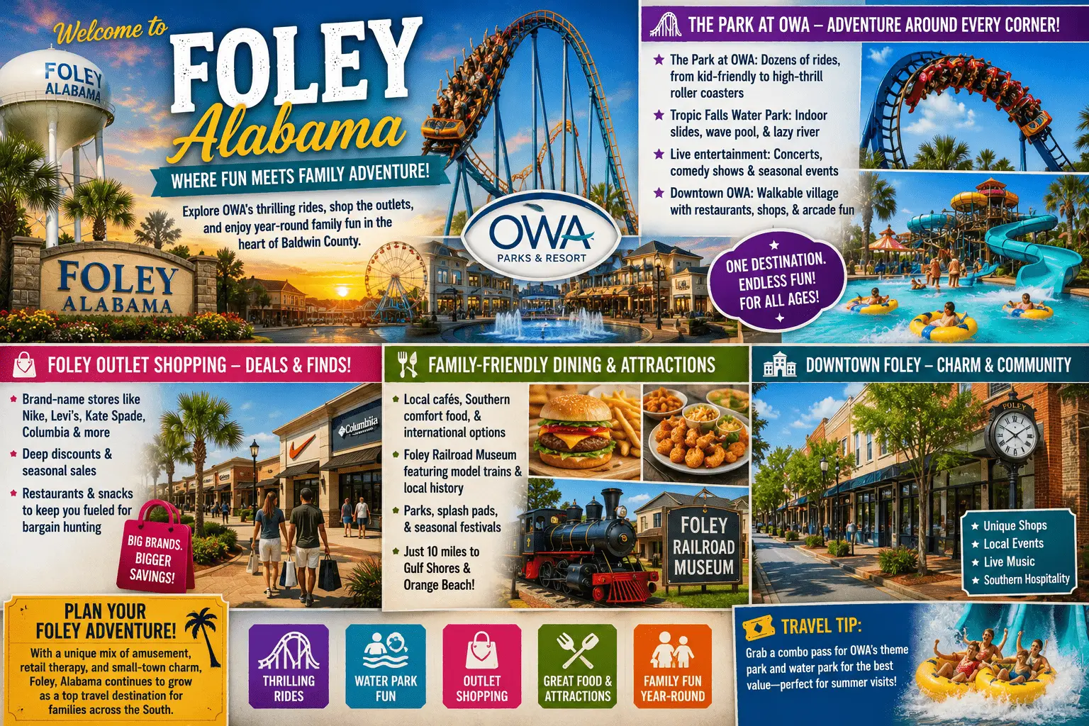 Explore Foley Alabama for OWA rides, Tropic Falls, outlet shopping, family dining, downtown charm, and Baldwin County fun.