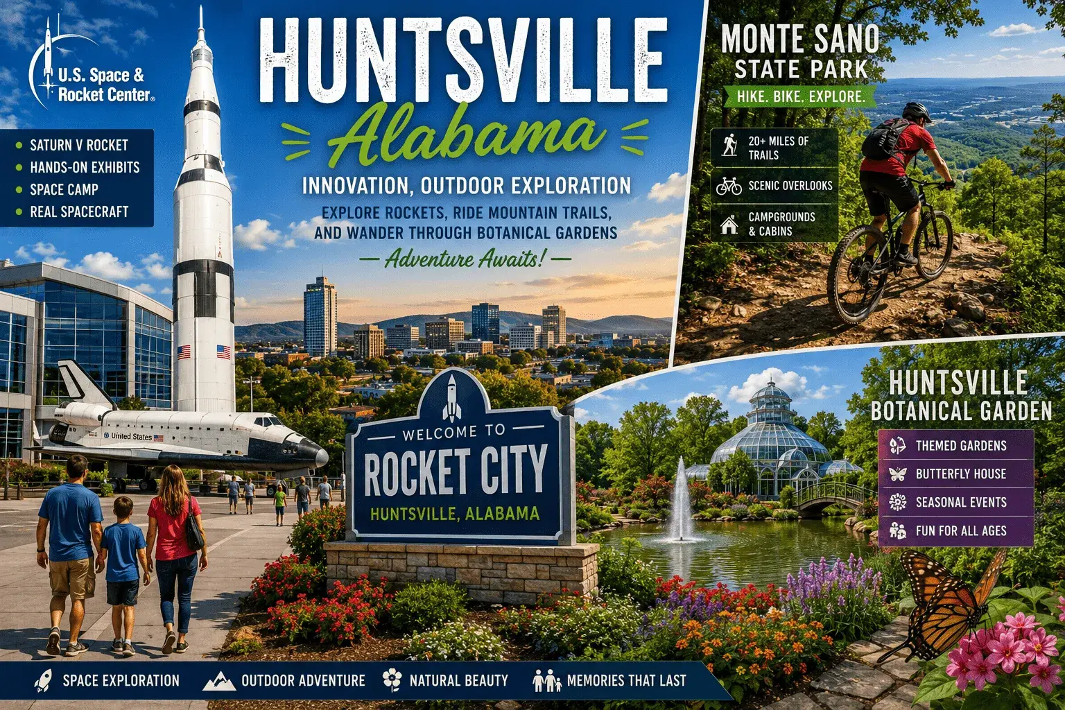 Explore Huntsville Alabama for the Space & Rocket Center, Monte Sano trails, botanical gardens, and outdoor family fun.