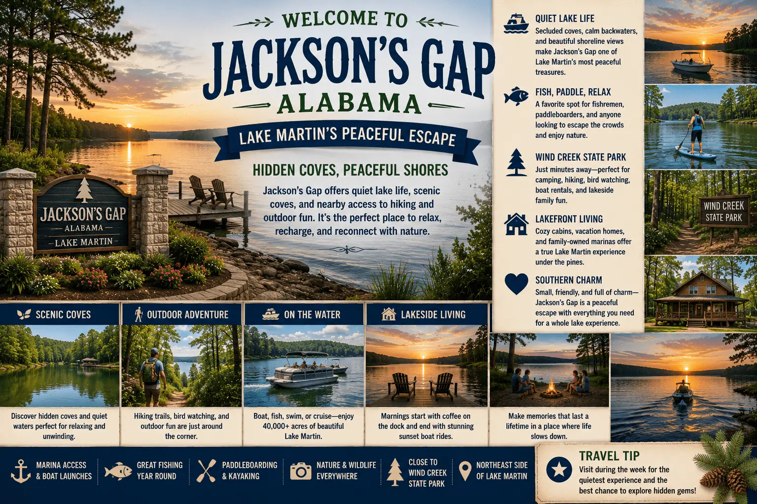 Explore Jackson’s Gap Alabama for quiet Lake Martin coves, peaceful shores, fishing, paddleboarding, cabins, & nearby Wind Creek State Park.