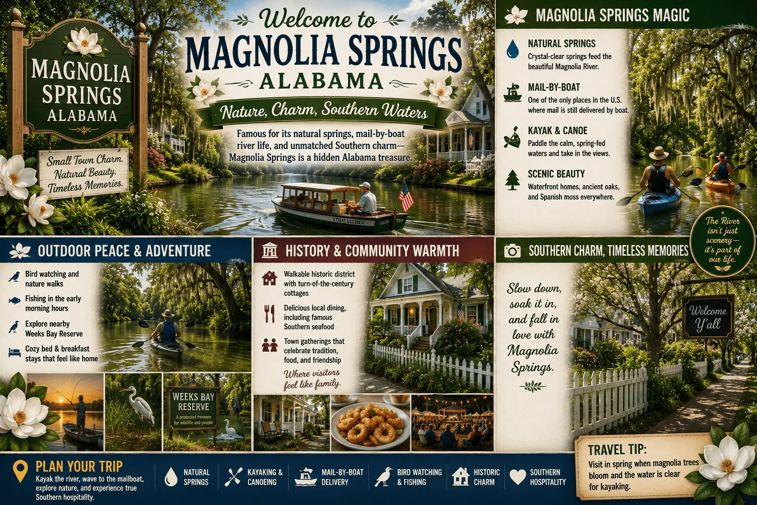 Explore Magnolia Springs Alabama for natural springs, Magnolia River kayaking, mail-by-boat charm, historic homes, and Southern hospitality.