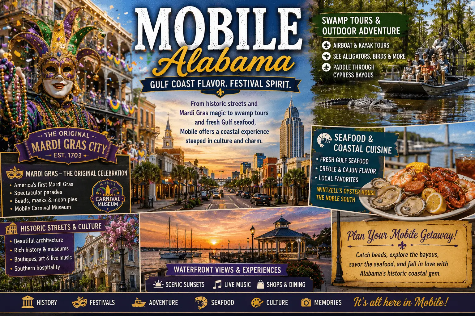 Explore Mobile Alabama for Mardi Gras history, Gulf seafood, swamp tours, historic streets, coastal culture, and waterfront charm.