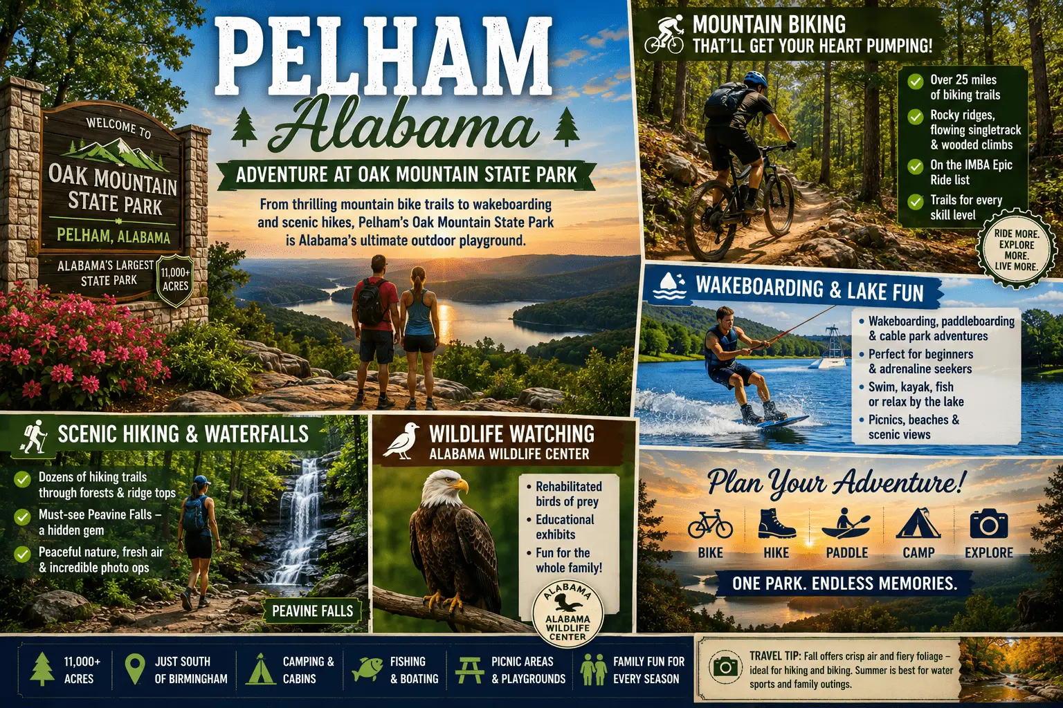 Explore Pelham Alabama for Oak Mountain State Park, hiking, biking, wakeboarding, waterfalls, lakes, and outdoor family fun.