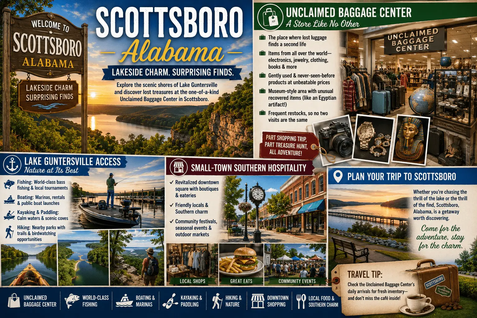 Explore Scottsboro Alabama for Lake Guntersville, Unclaimed Baggage, fishing, boating, downtown shops, and Southern charm.