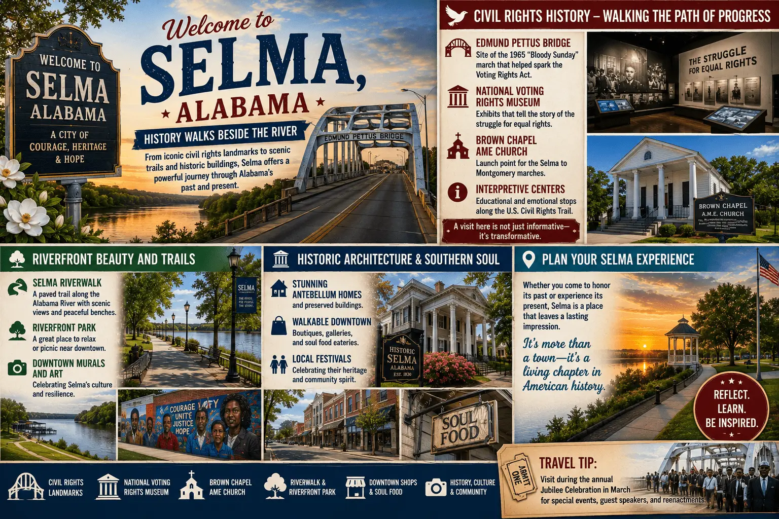 Explore Selma Alabama for civil rights landmarks, the Edmund Pettus Bridge, riverfront trails, historic downtown, and Southern charm.
