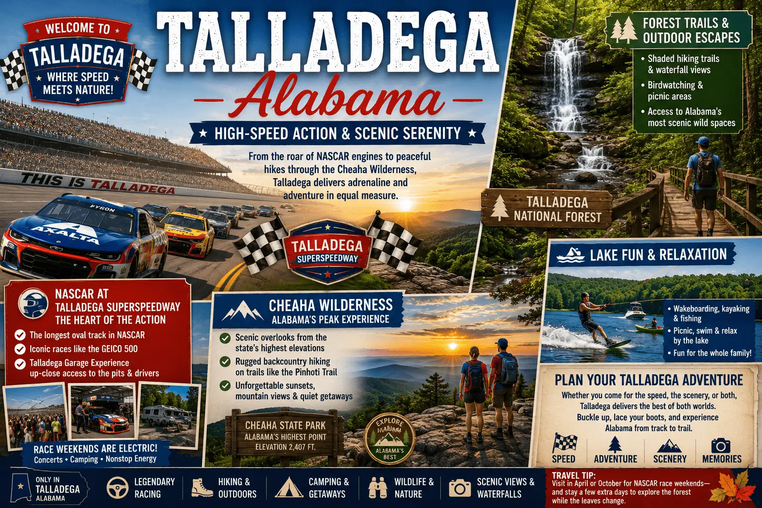Explore Talladega Alabama for NASCAR action, Talladega National Forest, Cheaha Wilderness, hiking, camping, and scenic views.