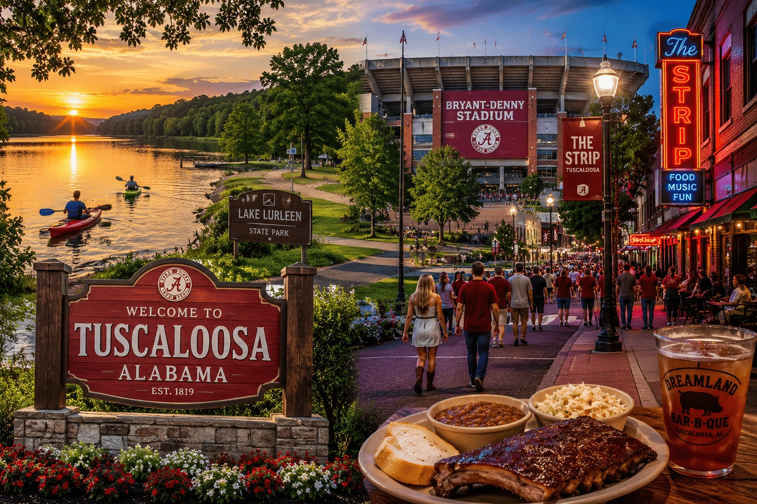 Explore Tuscaloosa Alabama for Lake Lurleen, Southern food, live music, Crimson Tide sports, and lively downtown energy.