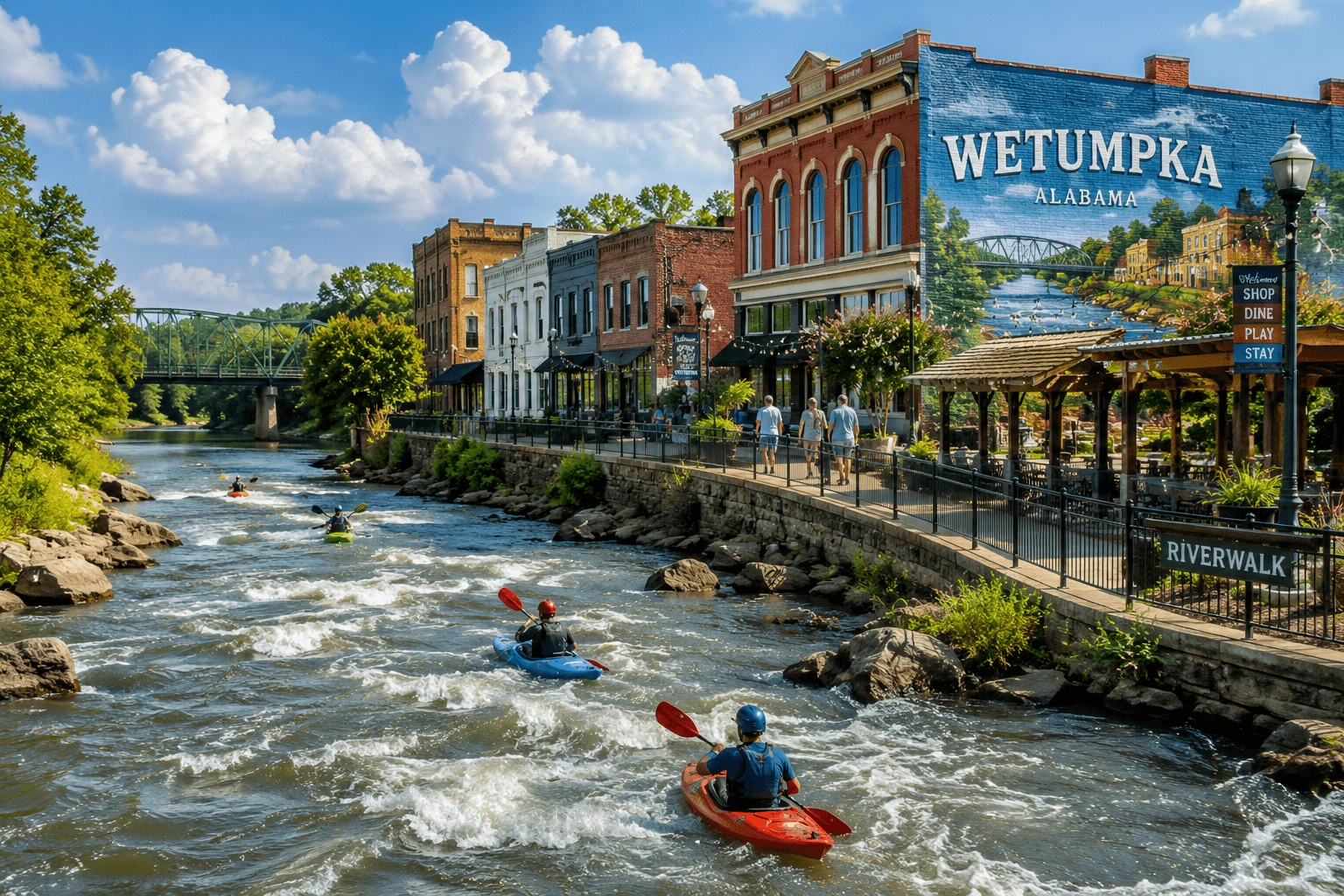 Explore Wetumpka Alabama for whitewater kayaking, river views, the HGTV-famous downtown, art walks, Wind Creek Casino, and small-town charm.